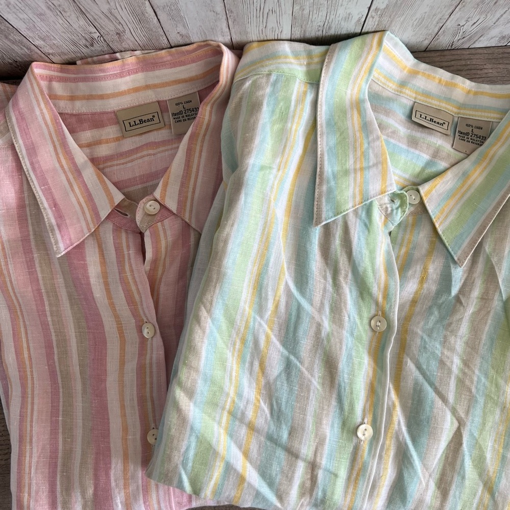 L.L. Bean Women’s Striped Button-Down Shirts Pink Light Green Linen Bundle Large
